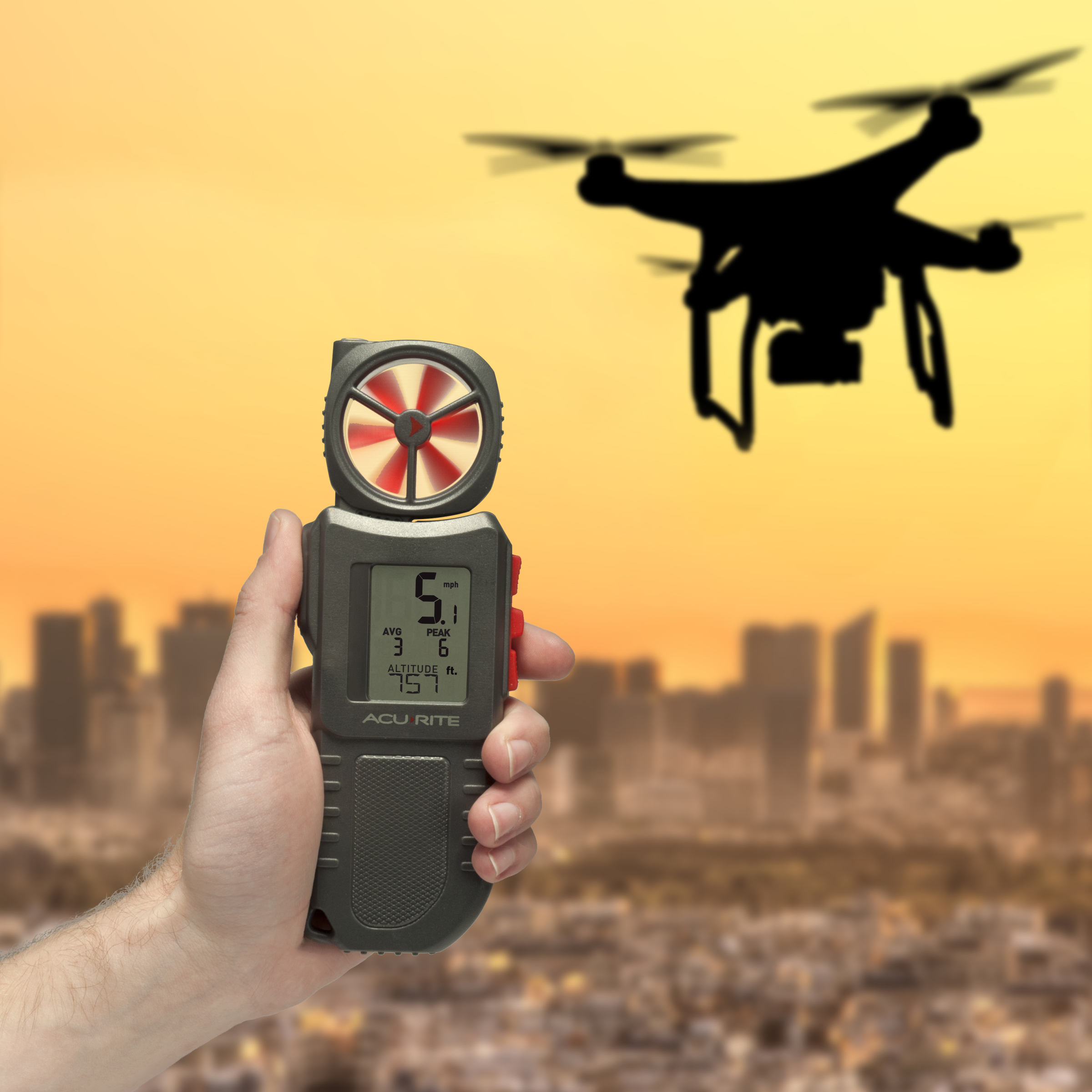 AcuRite portable anemometer being used with a drone