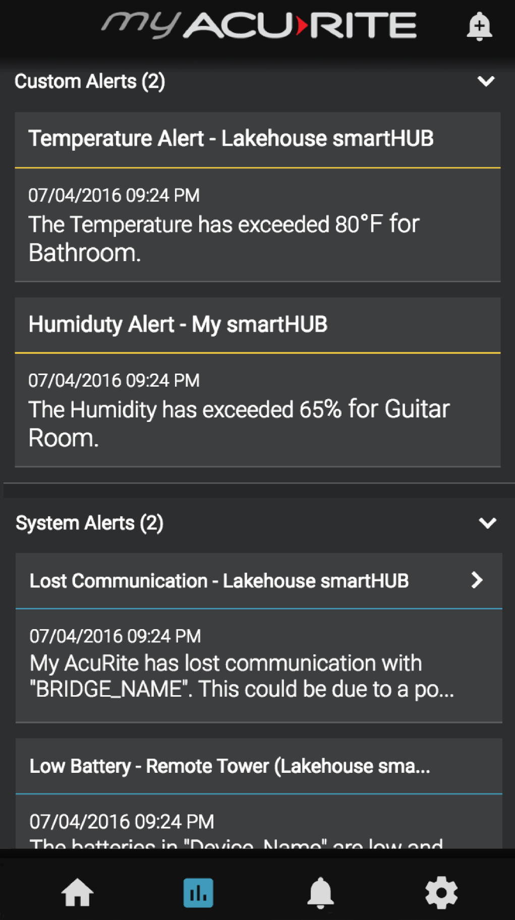 My AcuRite screenshot Backyard 5-in-1 overview with custom and system alerts
