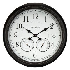 AcuRite weathered black outdoor clock with temperature and humidity
