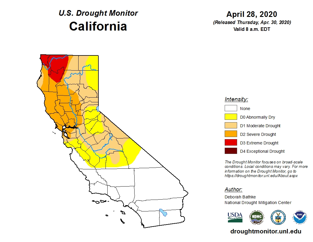 Map of California with Drought Classification Heat Map April 27th