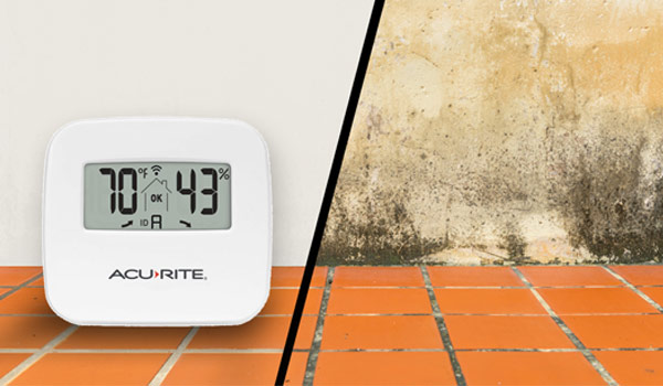 AcuRite Room sensor with healthy humidity levels contrasting second image of room with high humidity and mold