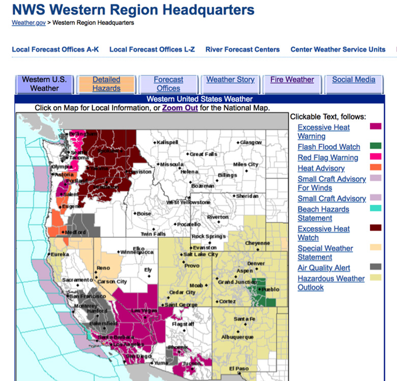 Map of the west coast of the United States under excessive heat warnings