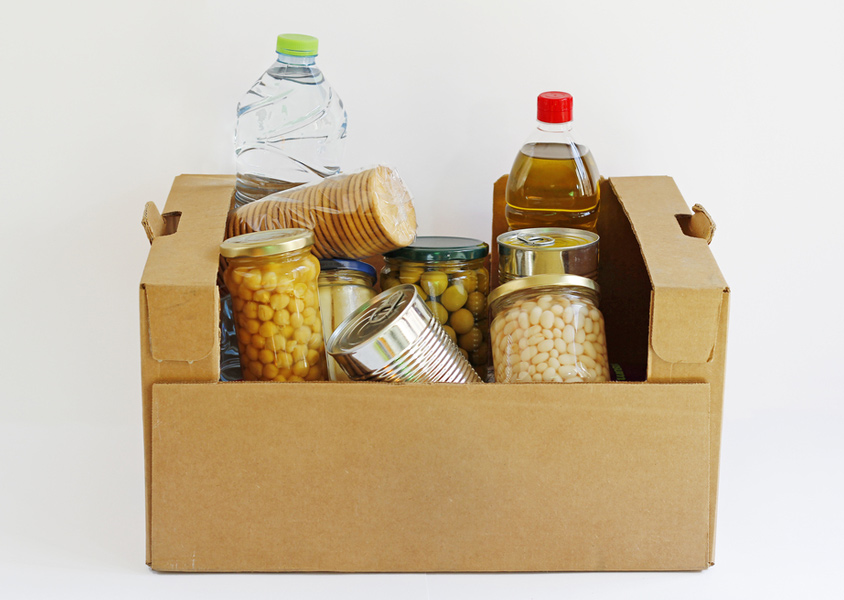 Emergency food supply with canned and bottled goods