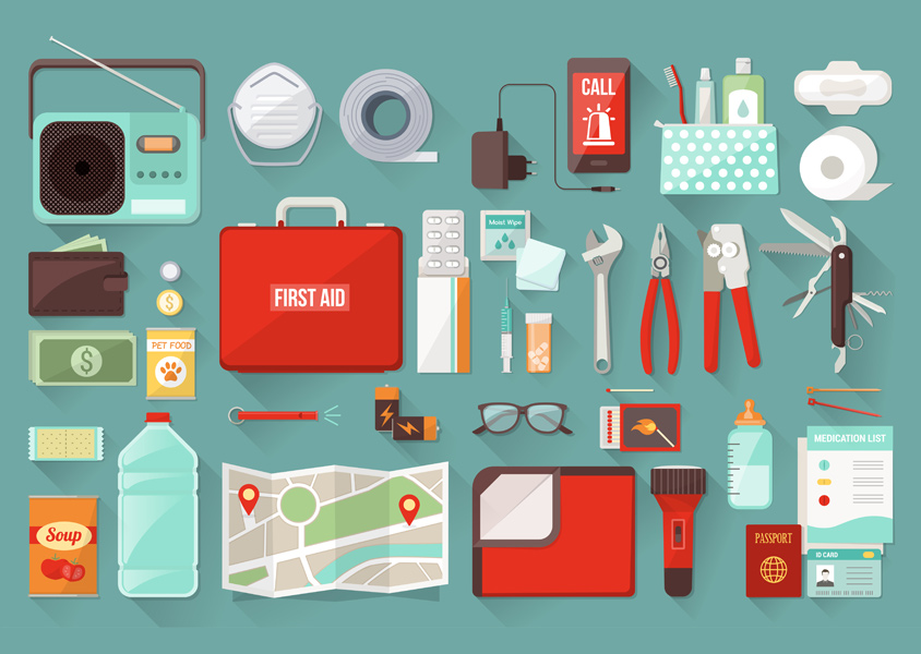 Emergency Kit, including first aid, water, radio, etc.