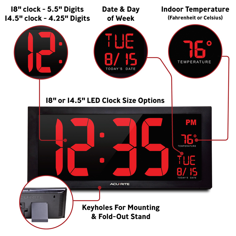 Large Digit LED Calendar Clock with Indoor Temperature (14.5" and 18"  Options) – Clocks | AcuRite Weather